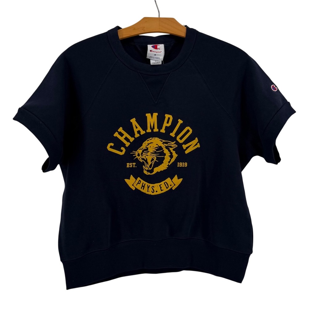 Champion Navy Cotton Blend Short Sleeve Raglan Cropped Sweatshirt Women Size S